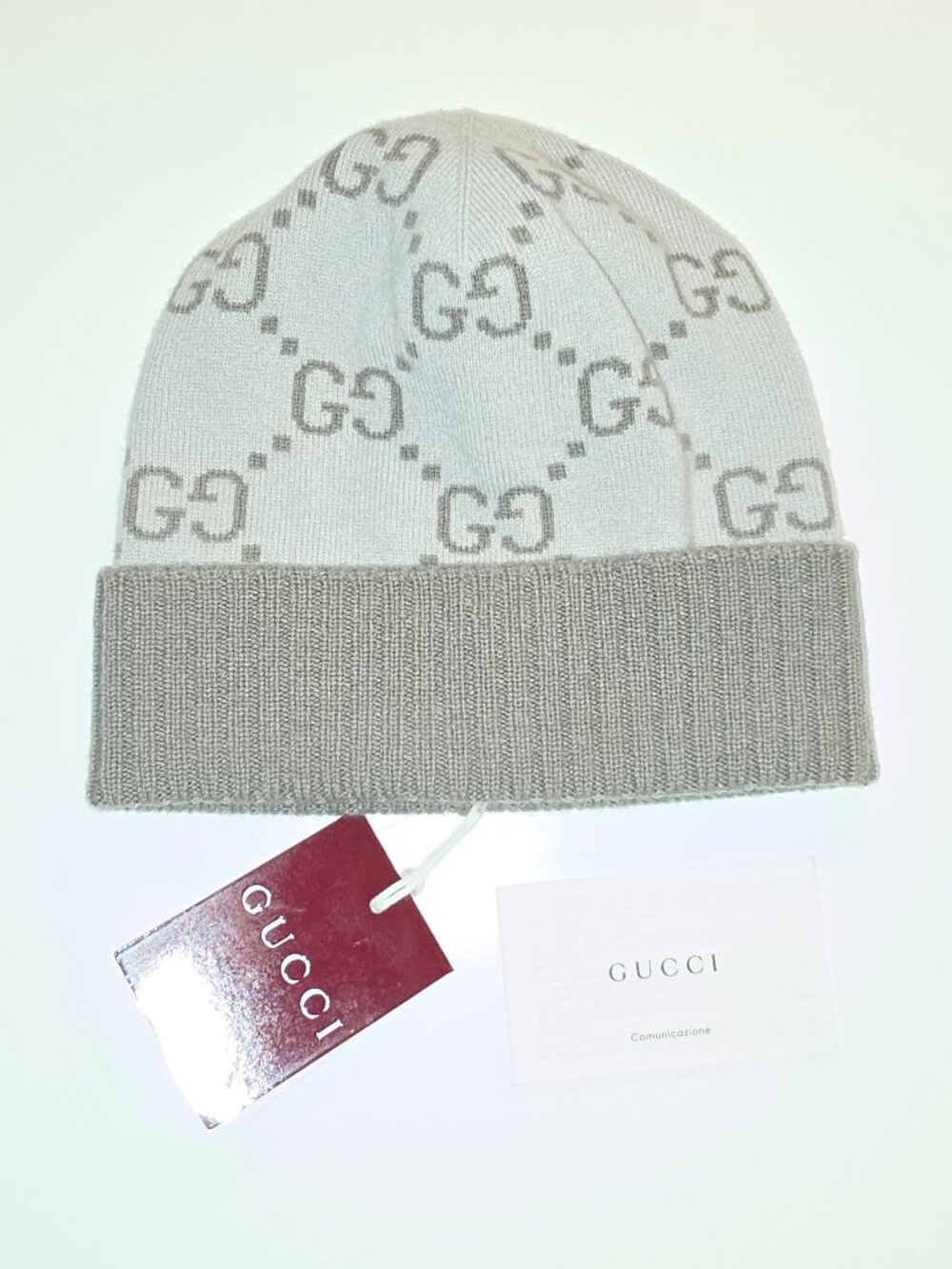 GUCCI GG Cashmere Hat - Variation Ivory and Light Grey - Unisex